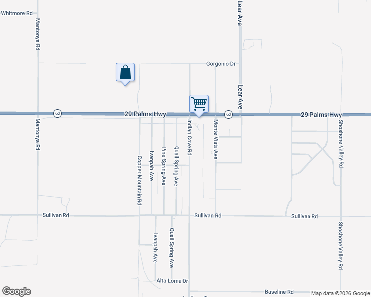 map of restaurants, bars, coffee shops, grocery stores, and more near 6636 Indian Cove Road in Twentynine Palms