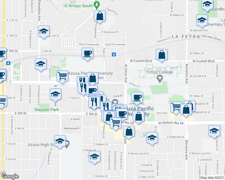 map of restaurants, bars, coffee shops, grocery stores, and more near 840 East Foothill Boulevard in Azusa