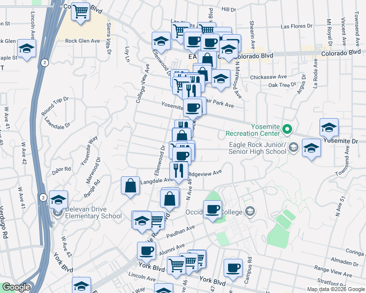 map of restaurants, bars, coffee shops, grocery stores, and more near Norwalk Avenue in Los Angeles