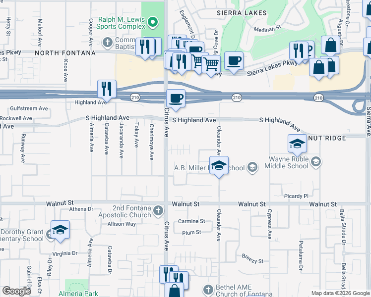 map of restaurants, bars, coffee shops, grocery stores, and more near 16190 Lumia Way in Fontana