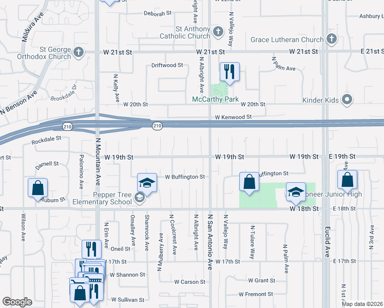map of restaurants, bars, coffee shops, grocery stores, and more near 1904 Belmar Way in Upland