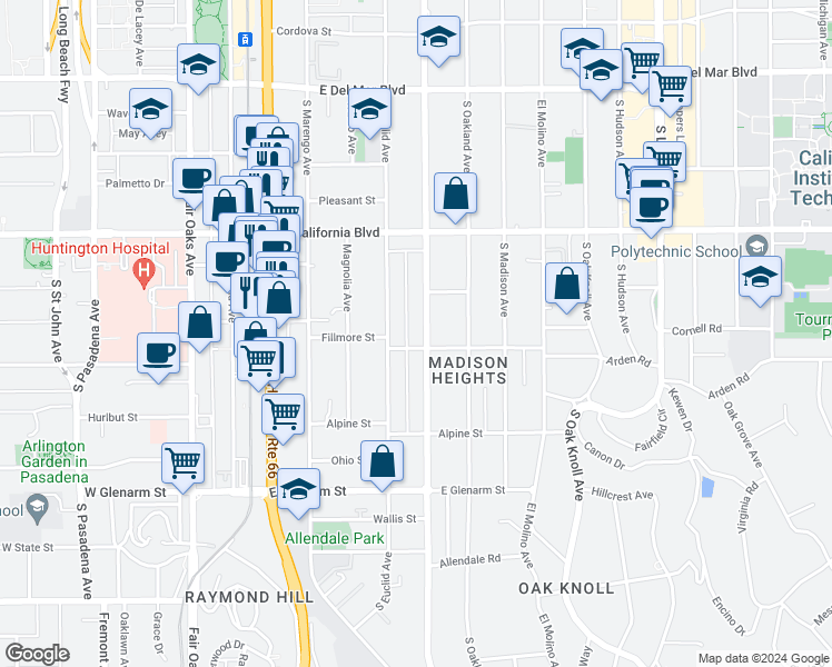 map of restaurants, bars, coffee shops, grocery stores, and more near 761 South Los Robles Avenue in Pasadena