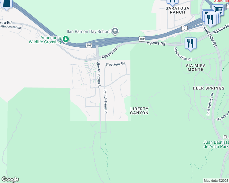 map of restaurants, bars, coffee shops, grocery stores, and more near 3950 United Road in Agoura Hills