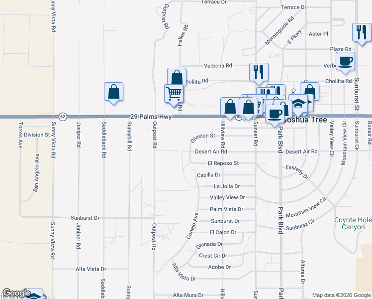 map of restaurants, bars, coffee shops, grocery stores, and more near 61430 Division Street in Joshua Tree