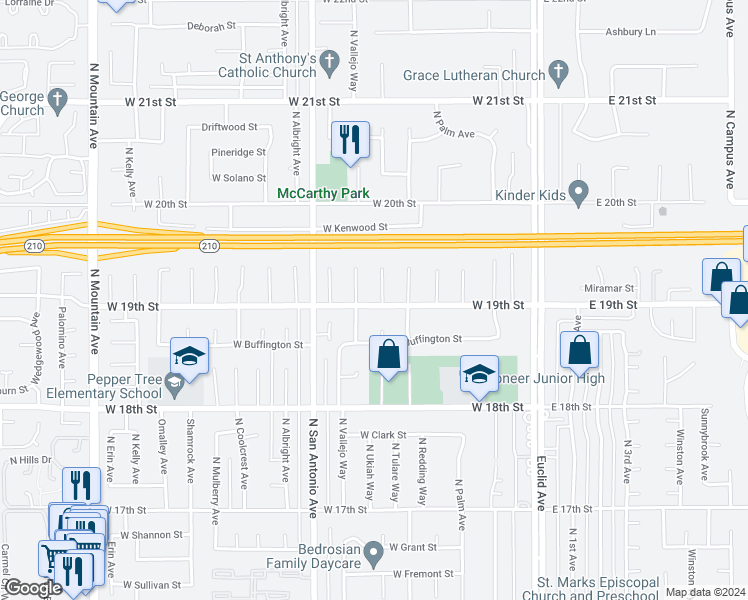 map of restaurants, bars, coffee shops, grocery stores, and more near 1903 North Tulare Way in Upland