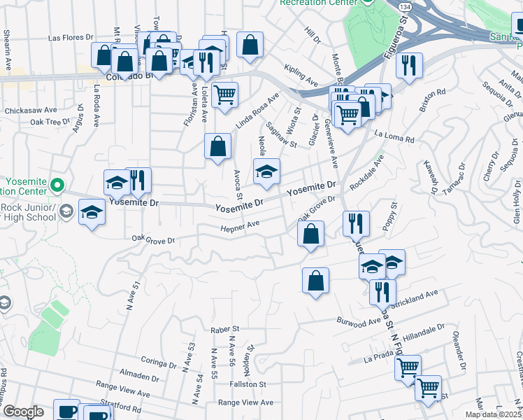 map of restaurants, bars, coffee shops, grocery stores, and more near 1336 Yosemite Drive in Los Angeles