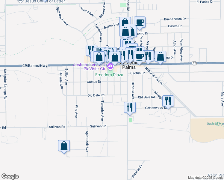 map of restaurants, bars, coffee shops, grocery stores, and more near 6670 Smoketree Avenue in Twentynine Palms