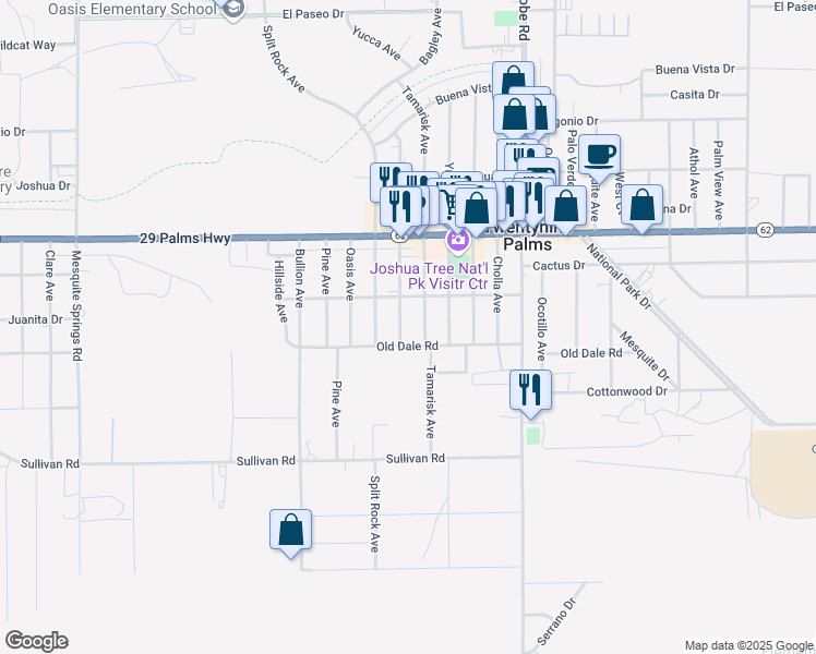 map of restaurants, bars, coffee shops, grocery stores, and more near 6678 Desert Queen Avenue in Twentynine Palms