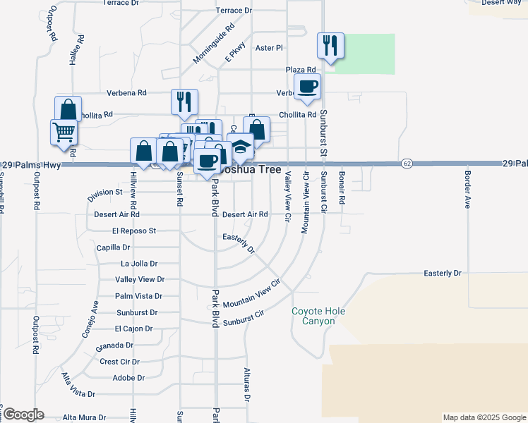 map of restaurants, bars, coffee shops, grocery stores, and more near 62005 Grand View Circle in Joshua Tree
