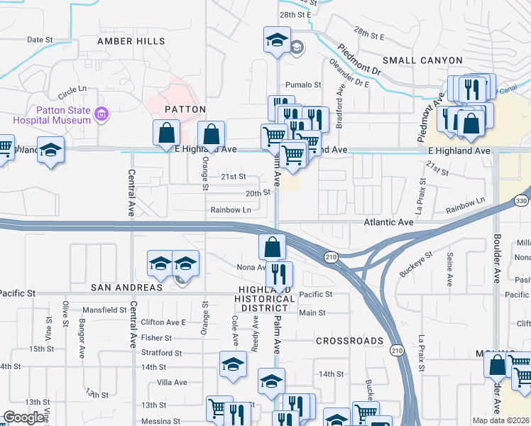 map of restaurants, bars, coffee shops, grocery stores, and more near 3545 Rainbow Lane in Highland
