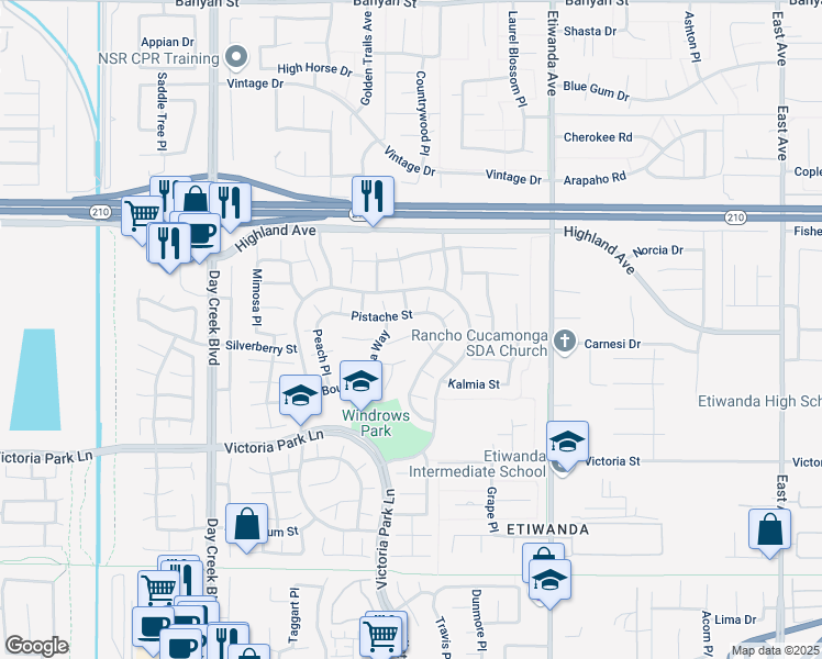 map of restaurants, bars, coffee shops, grocery stores, and more near 12584 Nasturtium Drive in Rancho Cucamonga