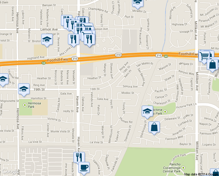 map of restaurants, bars, coffee shops, grocery stores, and more near 6700 Inyo Place in Rancho Cucamonga