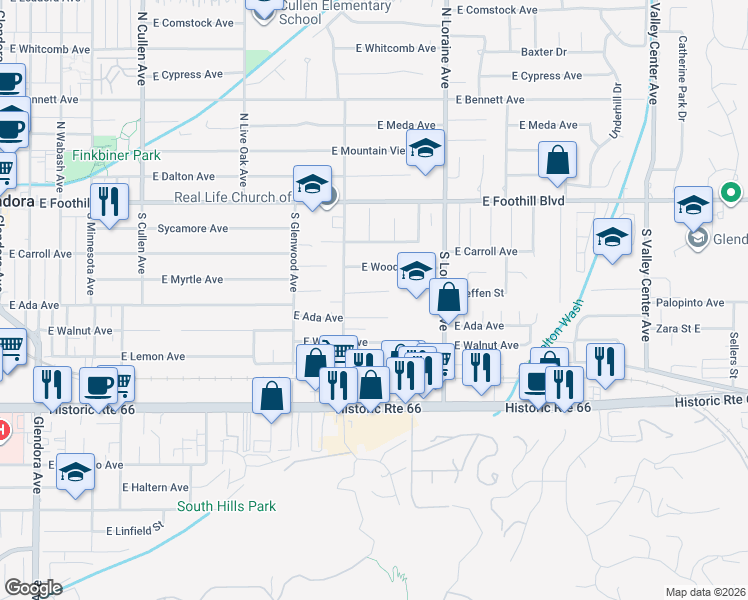 map of restaurants, bars, coffee shops, grocery stores, and more near 952 East Myrtle Avenue in Glendora