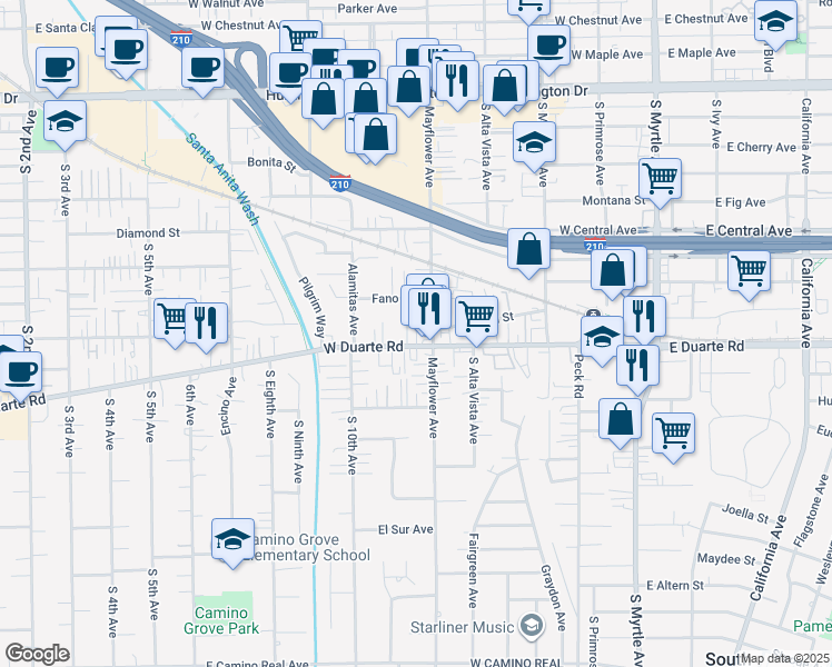 map of restaurants, bars, coffee shops, grocery stores, and more near 503 West Duarte Road in Monrovia