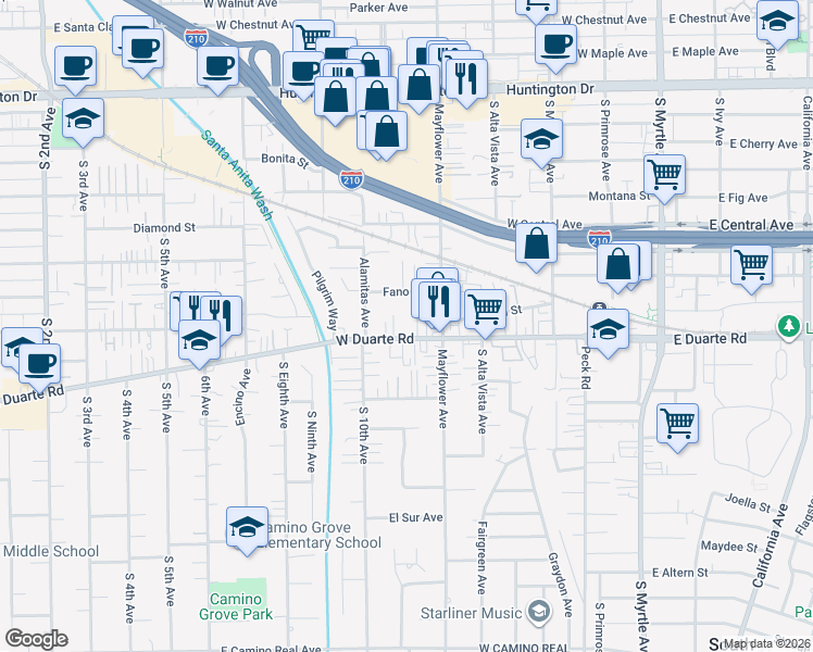 map of restaurants, bars, coffee shops, grocery stores, and more near 531 West Duarte Road in Monrovia
