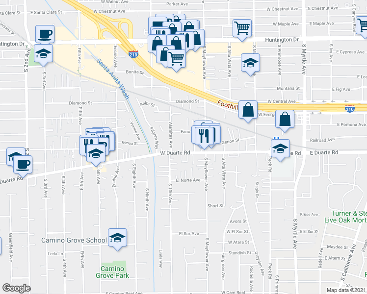 map of restaurants, bars, coffee shops, grocery stores, and more near 531 West Duarte Road in Monrovia
