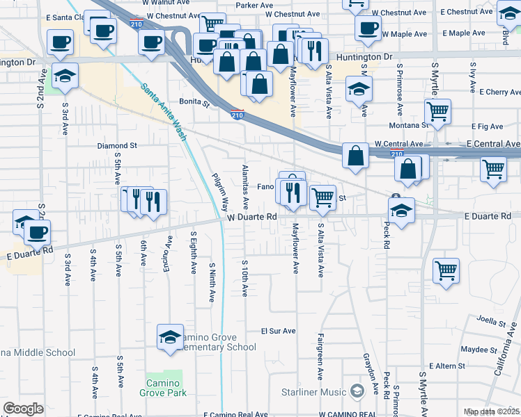 map of restaurants, bars, coffee shops, grocery stores, and more near 531 West Duarte Road in Monrovia