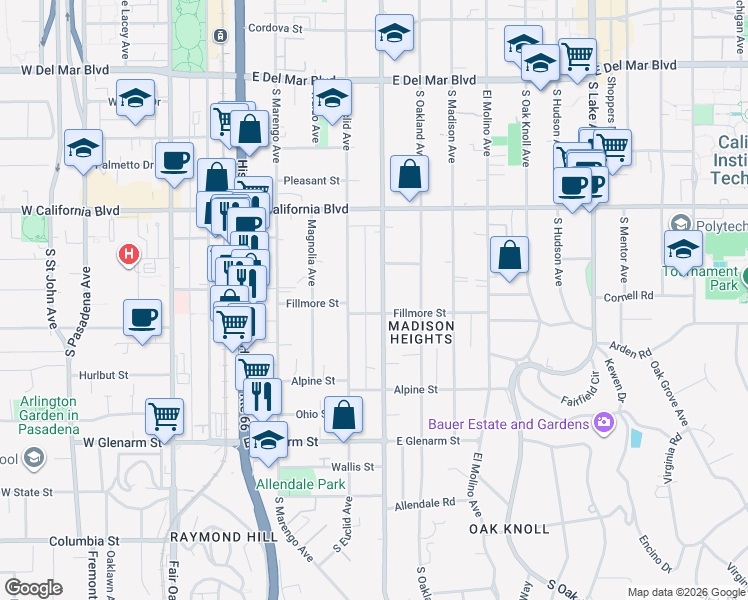 map of restaurants, bars, coffee shops, grocery stores, and more near 761 South Los Robles Avenue in Pasadena