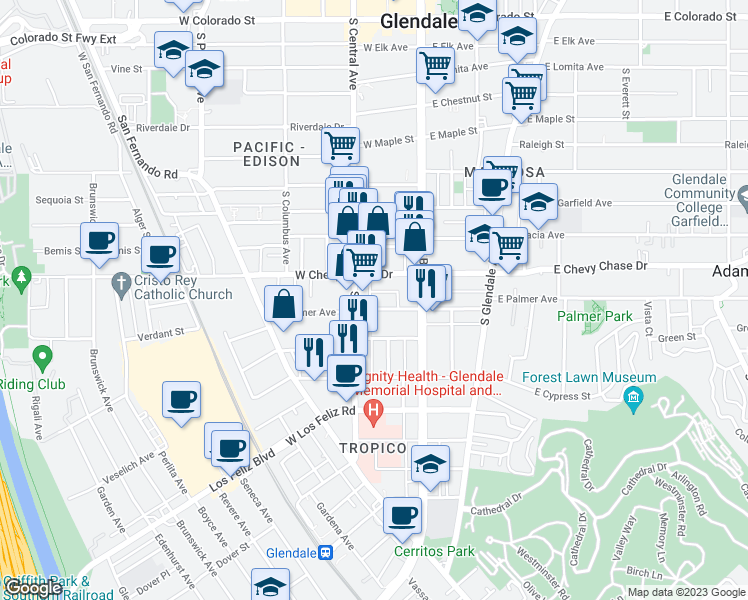 map of restaurants, bars, coffee shops, grocery stores, and more near 215 West Palmer Avenue in Glendale