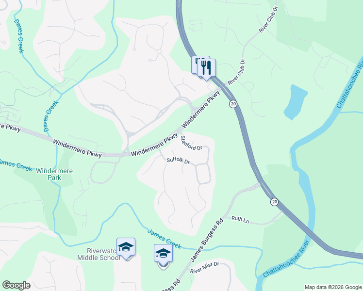 map of restaurants, bars, coffee shops, grocery stores, and more near 3925 Stanford Drive in Cumming