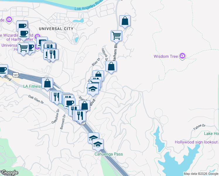 map of restaurants, bars, coffee shops, grocery stores, and more near 3156 La Suvida Drive in Los Angeles