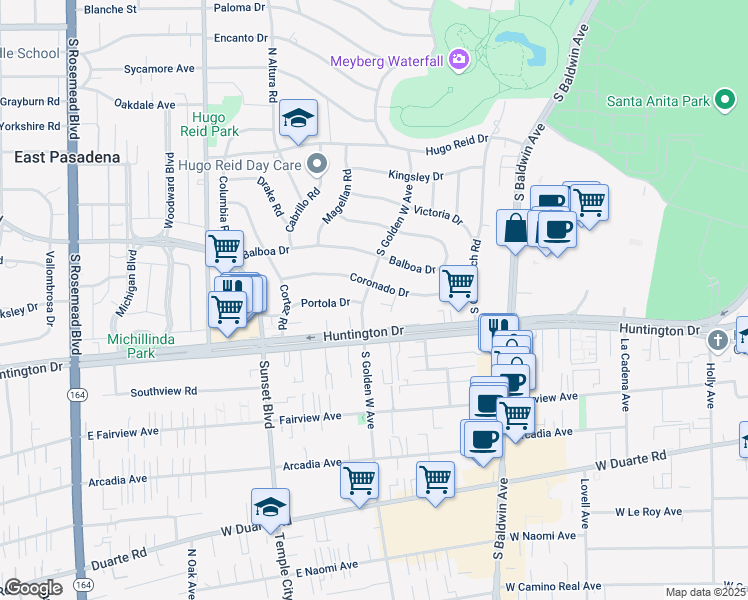 map of restaurants, bars, coffee shops, grocery stores, and more near 726 Golden West Avenue in Arcadia
