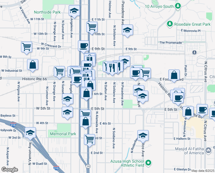map of restaurants, bars, coffee shops, grocery stores, and more near 624 North Dalton Avenue in Azusa