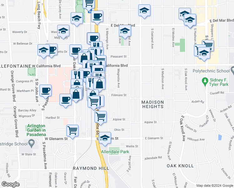map of restaurants, bars, coffee shops, grocery stores, and more near 765 Magnolia Avenue in Pasadena