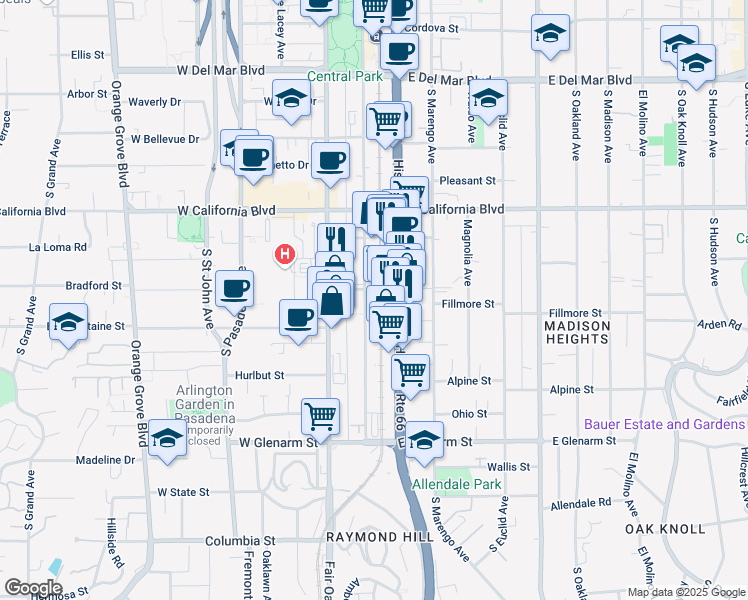 map of restaurants, bars, coffee shops, grocery stores, and more near 757 South Raymond Avenue in Pasadena