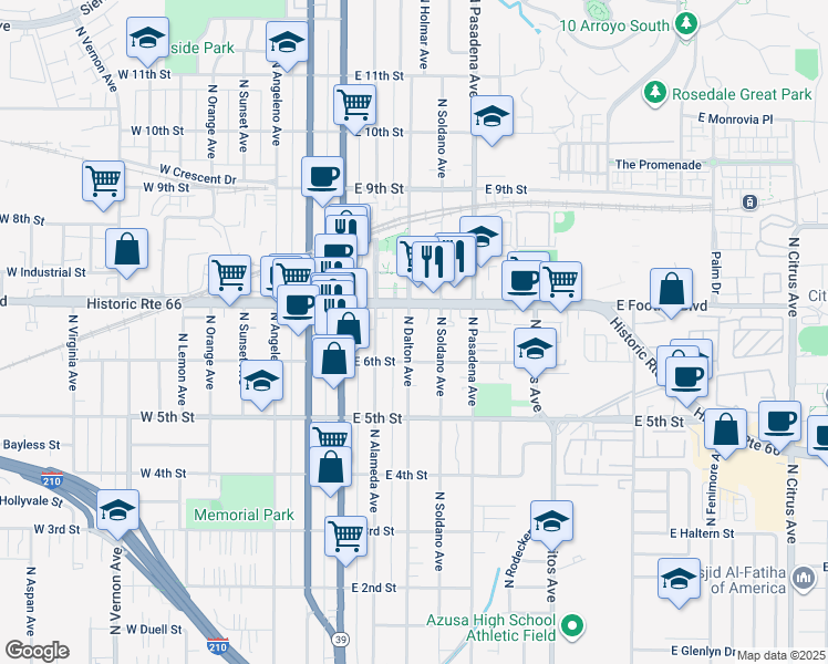map of restaurants, bars, coffee shops, grocery stores, and more near 624 North Dalton Avenue in Azusa