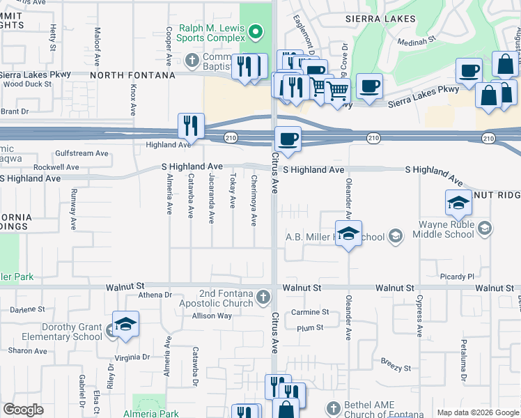 map of restaurants, bars, coffee shops, grocery stores, and more near 6689 Cherimoya Avenue in Fontana