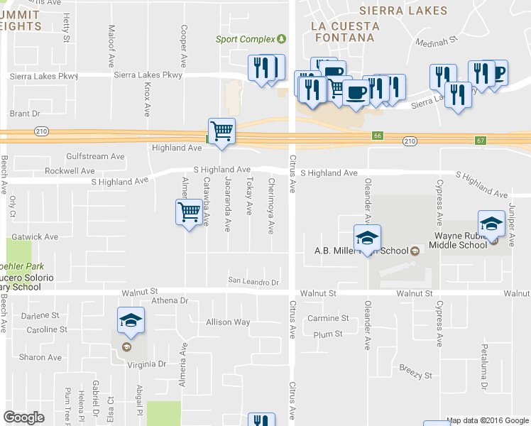 map of restaurants, bars, coffee shops, grocery stores, and more near Cherimoya Avenue in Fontana