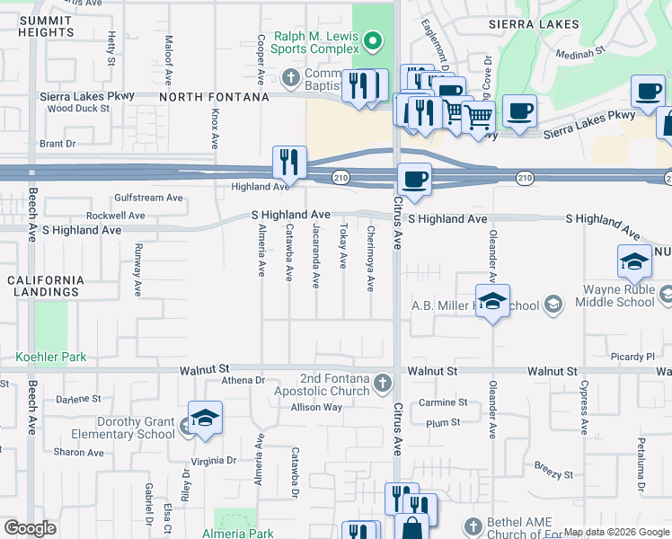 map of restaurants, bars, coffee shops, grocery stores, and more near 6687 Tokay Avenue in Fontana