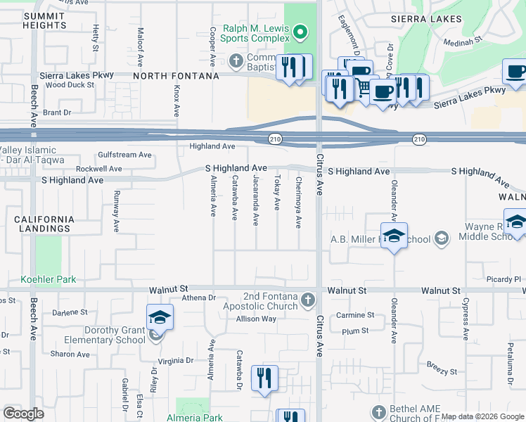 map of restaurants, bars, coffee shops, grocery stores, and more near 6688 Jacaranda Avenue in Fontana