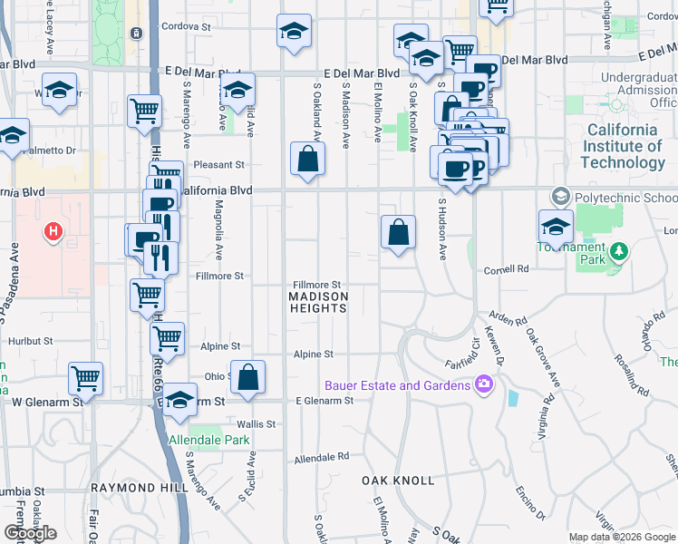 map of restaurants, bars, coffee shops, grocery stores, and more near 775 South Madison Avenue in Pasadena