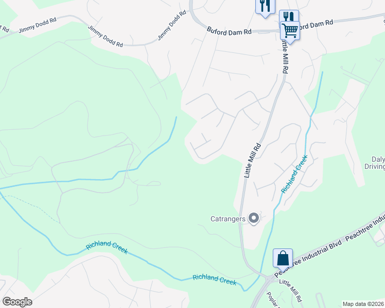 map of restaurants, bars, coffee shops, grocery stores, and more near 1645 Patrick Mill Place Northeast in Buford