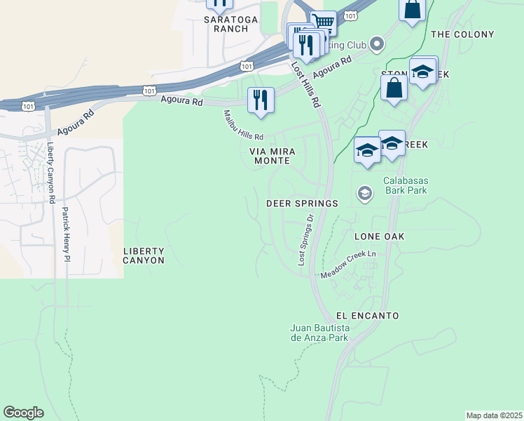 map of restaurants, bars, coffee shops, grocery stores, and more near 3938 Leighton Point Road in Calabasas