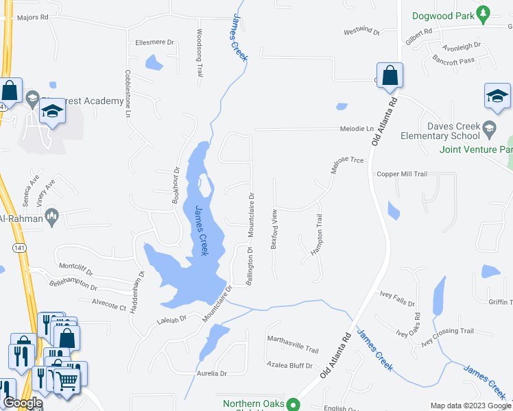 map of restaurants, bars, coffee shops, grocery stores, and more near 855 Mountclaire Drive in Cumming