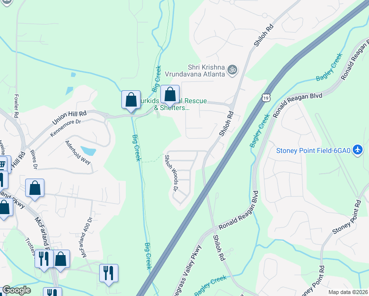 map of restaurants, bars, coffee shops, grocery stores, and more near 5360 Shiloh Woods Drive in Cumming