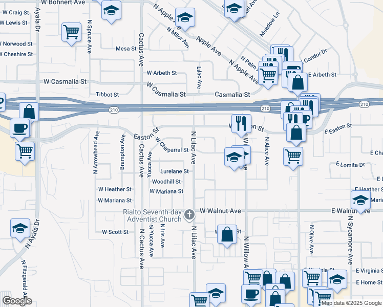map of restaurants, bars, coffee shops, grocery stores, and more near 19487 West Chaparral Street in Rialto