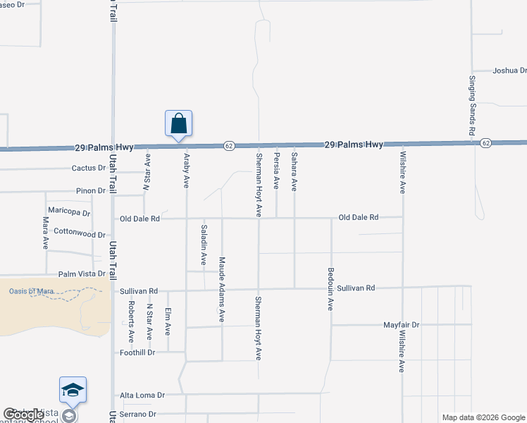 map of restaurants, bars, coffee shops, grocery stores, and more near 6683 Sherman Hoyt Avenue in Twentynine Palms