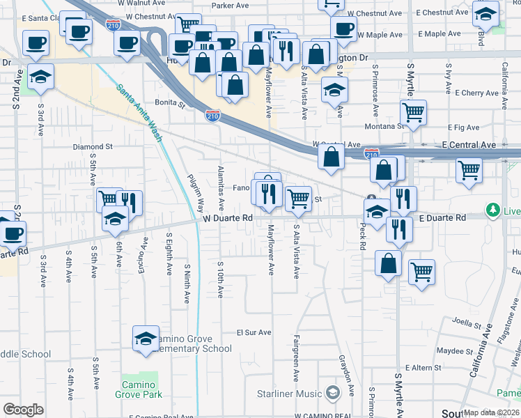 map of restaurants, bars, coffee shops, grocery stores, and more near in Monrovia