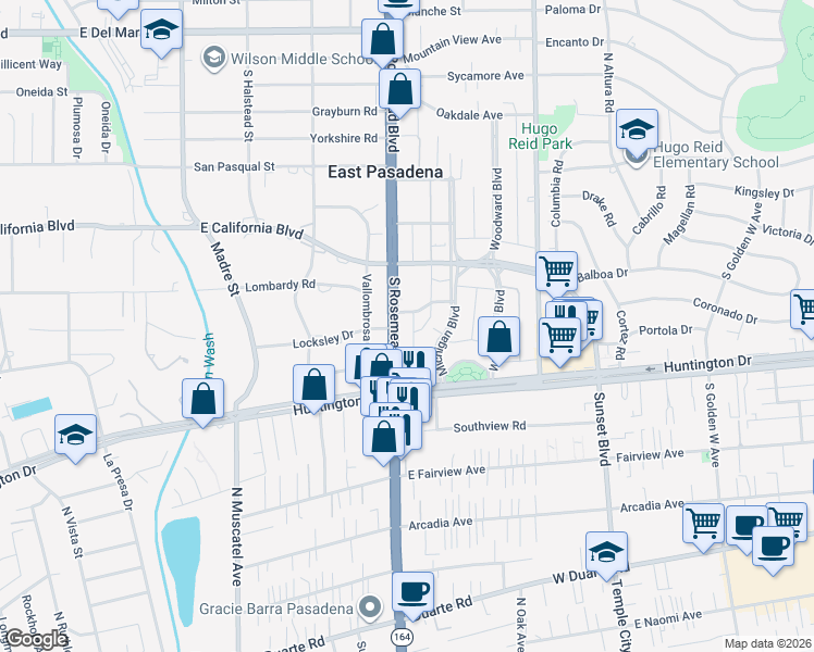 map of restaurants, bars, coffee shops, grocery stores, and more near 820 South Rosemead Boulevard in Pasadena