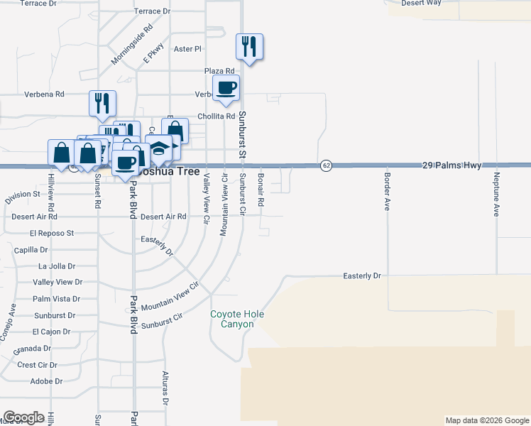 map of restaurants, bars, coffee shops, grocery stores, and more near 62001 Bonair Road in Joshua Tree