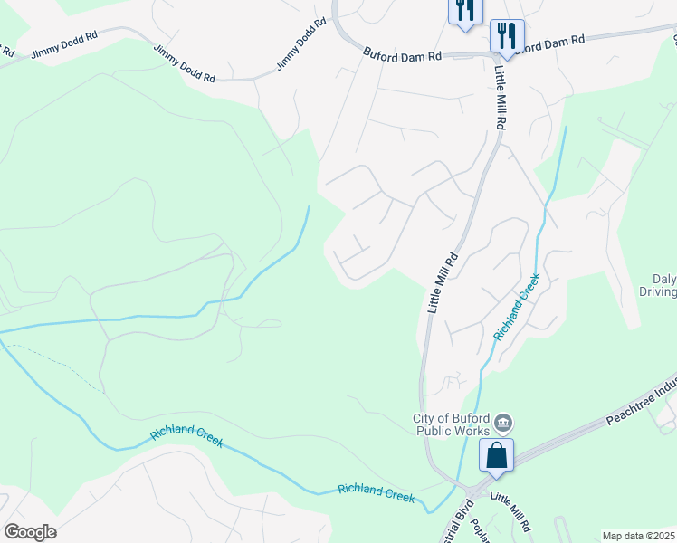 map of restaurants, bars, coffee shops, grocery stores, and more near 1645 Patrick Mill Place Northeast in Buford