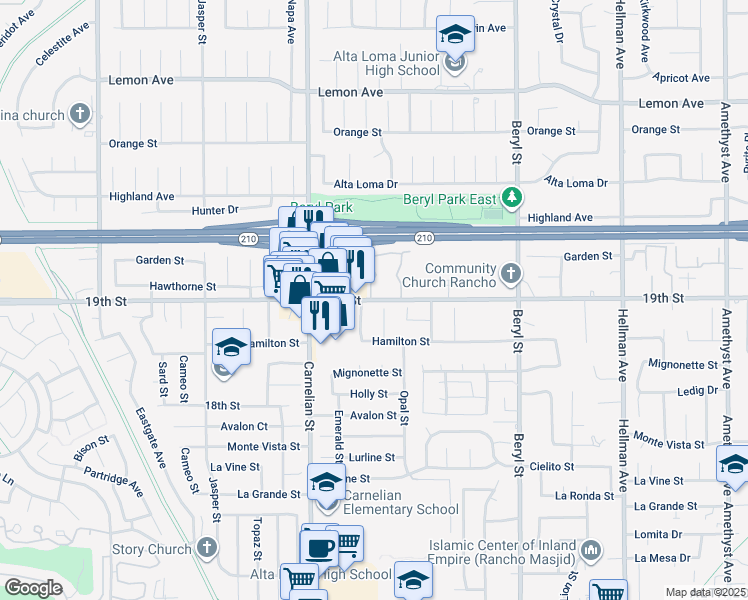 map of restaurants, bars, coffee shops, grocery stores, and more near 8832 19th Street in Rancho Cucamonga