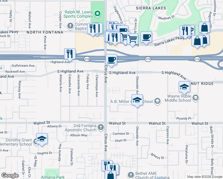 map of restaurants, bars, coffee shops, grocery stores, and more near 16190 Lumia Way in Fontana