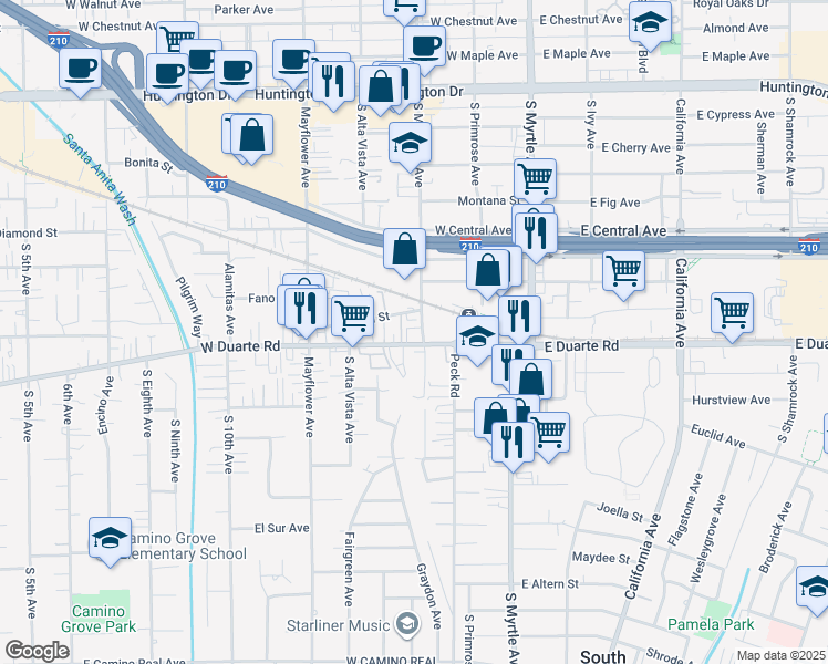 map of restaurants, bars, coffee shops, grocery stores, and more near 305 West Duarte Road in Monrovia