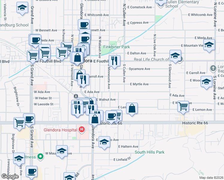 map of restaurants, bars, coffee shops, grocery stores, and more near 409 East Ada Avenue in Glendora