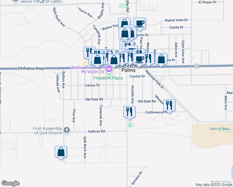 map of restaurants, bars, coffee shops, grocery stores, and more near 6666 Cholla Avenue in Twentynine Palms